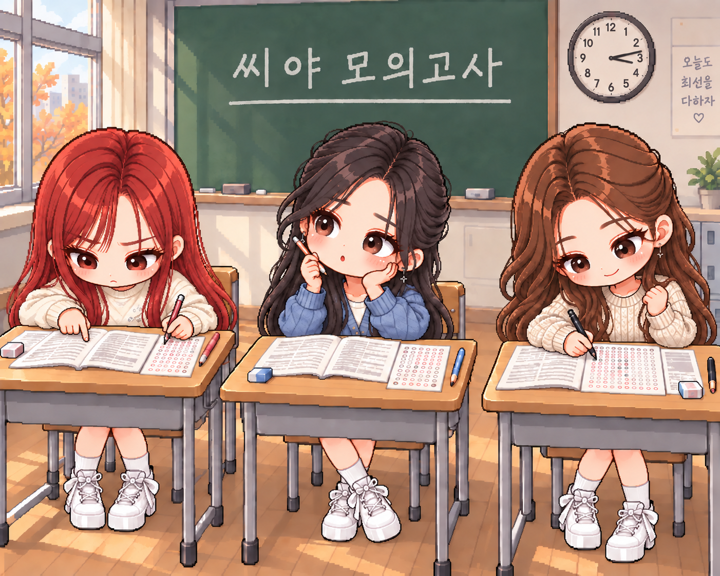 교실에서 씨야 모의고사를 푸는 세 멤버의 일러스트